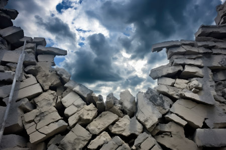 fractured wall remains against dark clouds, created with generative aiの素材