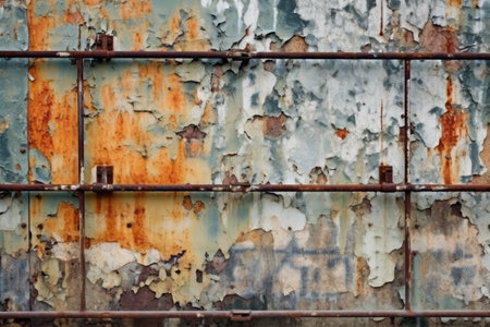 damaged wall pieces with rusty iron bars, created with generative aiの素材