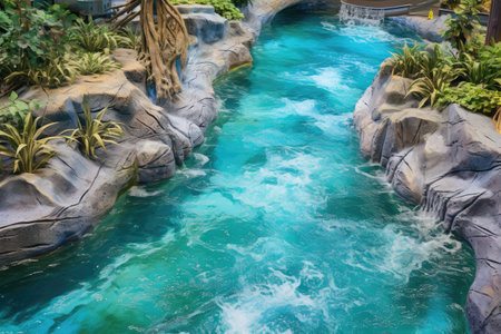 detailed view of artificial rapids in water park, created with generative aiの素材