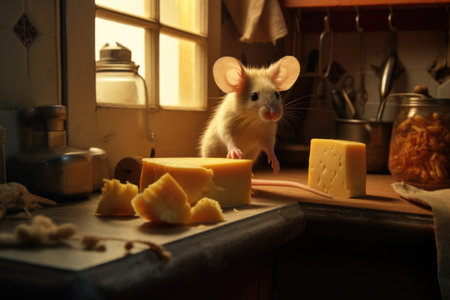 a mouse sneaking a piece of cheese from a kitchen counter, created with generative aiの素材
