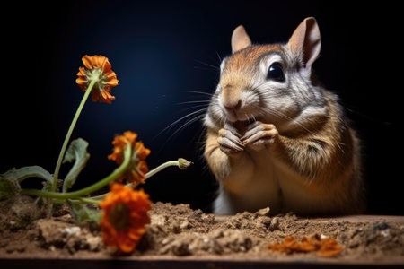a chipmunk stuffing its cheeks with seeds from a garden, created with generative aiの素材