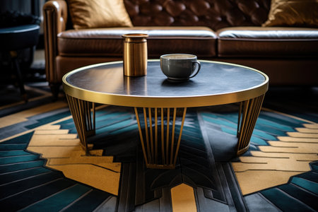 close-up of a geometrically patterned art deco rug with a brass coffee table, created with generative aiの素材
