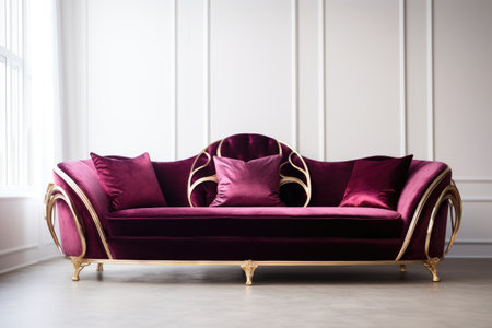 a luxurious velvet art deco sofa against a white wall, created with generative aiの素材