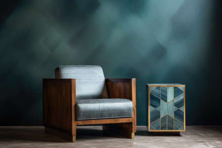 art deco armchair with geometric upholstery in a minimalist room setting, created with generative aiの素材
