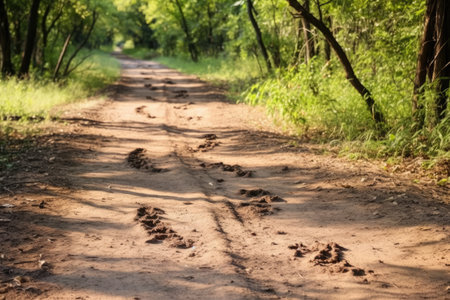 tracks of wildlife observed on a dirt path, created with generative aiの素材