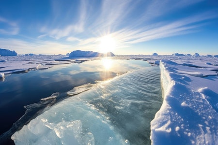 cruise bow breaking ice in arctic water under bright sun, created with generative aiの素材