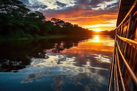 amazon sunset melting into river, viewed from cruise ship, created with generative aiの素材