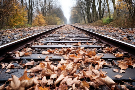 fallen leaves scattering along an empty railway line, created with generative aiの素材