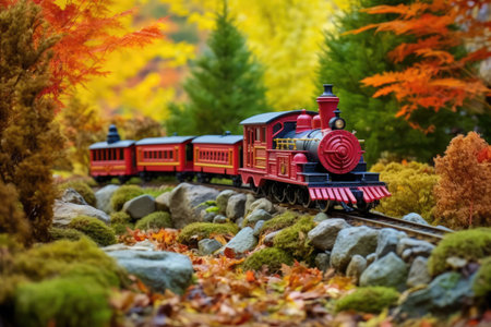 miniature train set in a miniature fall landscape, created with generative aiの素材