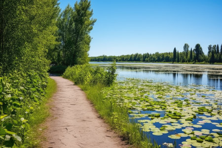 cycling trail near a peaceful pond dotted with lily pads, created with generative aiの素材