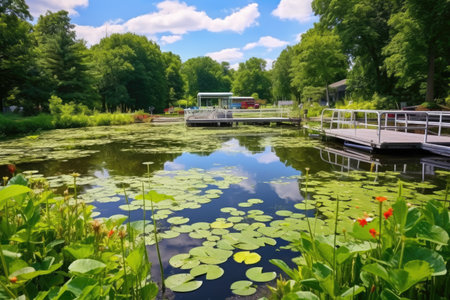 a small pond filled with lily pads and docked paddle boats, created with generative aiの素材