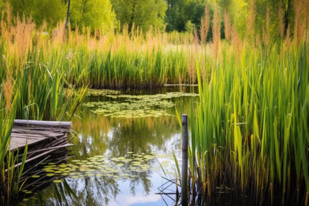 a forest pond lined by reeds with fishing gear on wooden dock, created with generative aiの素材