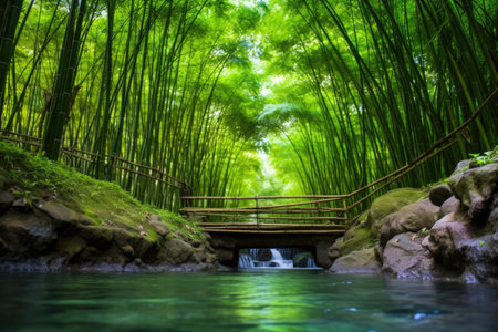 lush green bamboo surrounds a secluded hot spring, created with generative aiの素材