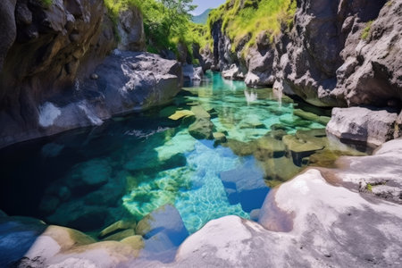 volcanic rocks border a bubbling hot spring, created with generative aiの素材