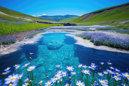 wildflowers bloom around a sapphire blue hot spring, created with generative aiの素材
