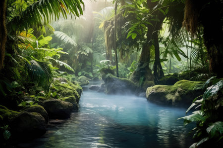 a lush jungle opens up to a steaming hot spring, created with generative aiの素材