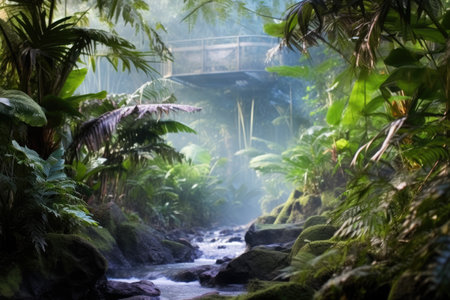 a lush jungle opens up to a steaming hot spring, created with generative aiの素材