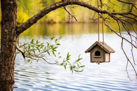 birdhouse hanging from tree branch at quiet lake setting, created with generative aiの素材