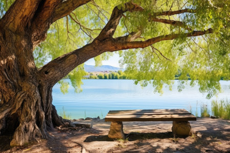 wooden bench under an old tree overlooking a lake, created with generative aiの素材