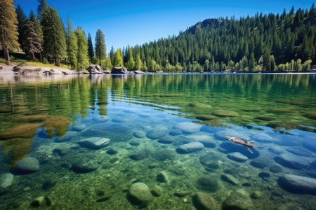 serene lakeside with duck paddling through crystal clear waters, created with generative aiの素材
