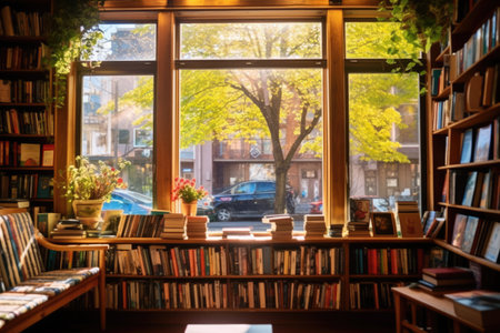 a cozy bookstore with windows revealing shelves of books, created with generative aiの素材