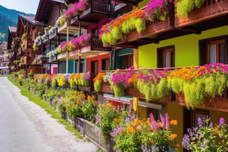 close-up of colorful chalets with flowering window plants, created with generative aiの素材