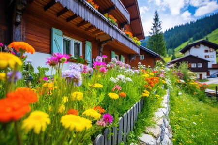 close-up of colorful chalets with flowering window plants, created with generative aiの素材