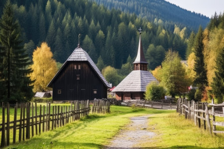 a wooden church in a peaceful mountain village, created with generative aiの素材