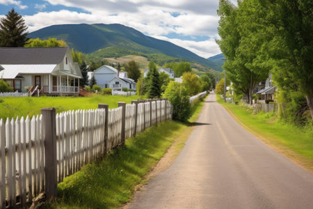 lane lined by white picket fences in a mountain village, created with generative aiの素材