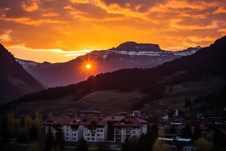 a stunning mountain sunset framing a village silhouette, created with generative aiの素材