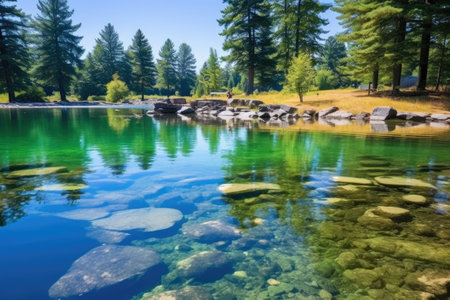 clear freshwater pond with ducks swimming, created with generative aiの素材