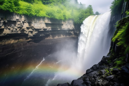 rainbows visible during the mist of a waterfall, created with generative aiの素材
