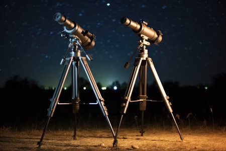 pair of binoculars on a tripod ready for stargazing, created with generative aiの素材