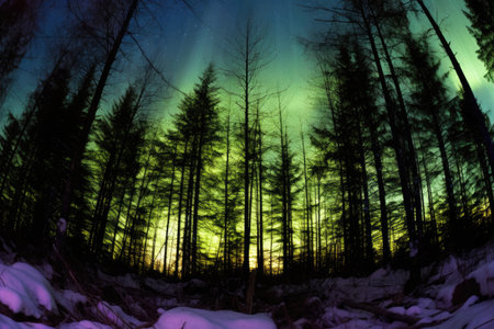 northern lights aurora seen from a forest clearing, created with generative aiの素材