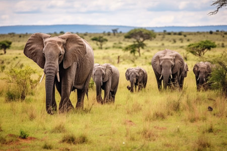a herd of elephants grazing in an open savannah field, created with generative aiの素材