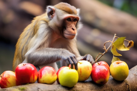 detailed shot of a monkey inspecting a fruit, created with generative aiの素材