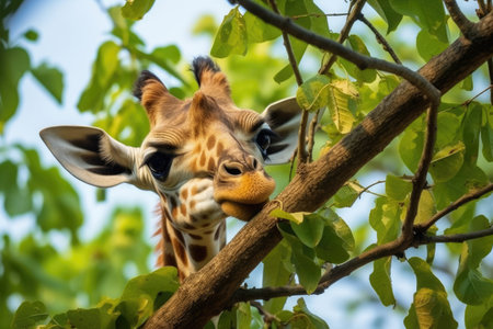 a giraffe stretching its neck to eat leaves from a tree, created with generative aiの素材