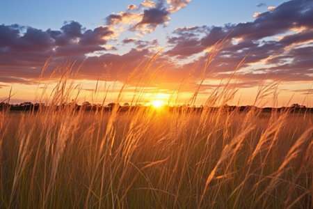 a sunset view through a field of tall savannah grass, created with generative aiの素材