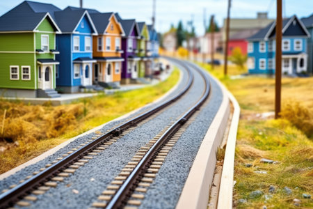 detailed view of train tracks near miniature houses, created with generative aiの素材