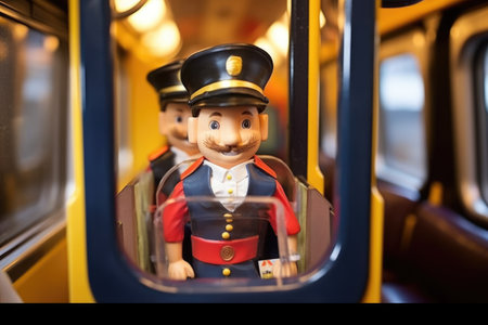 close-up of a toy conductors hat inside train carriage, created with generative aiの素材