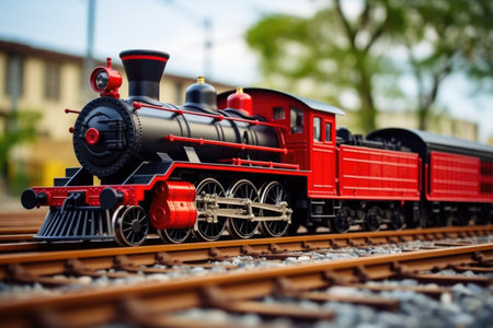 picture of red and black locomotive model with steam, created with generative aiの素材