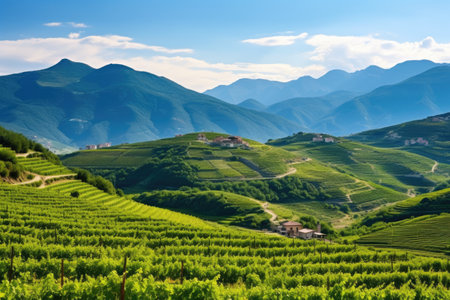 beautiful view of vineyard with mountainous landscape behind, created with generative aiの素材