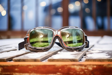 ice goggles on a wooden table with snow backdrop, created with generative aiの素材