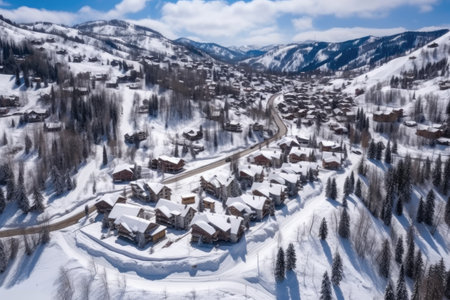 ariel view of ski resort with neatly arranged chalets, created with generative aiの素材