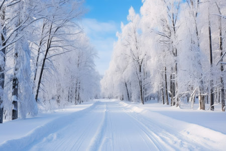 cross-country ski trails curving amongst snow draped trees, created with generative aiの素材