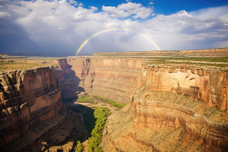 a rainbow arcing across a canyon after a ra, created with generative aiの素材