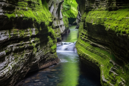 cascading water stream rushing through a narrow canyon, created with generative aiの素材