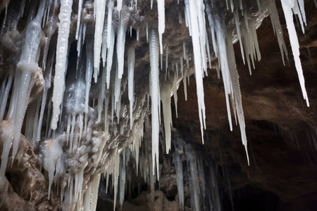 stalactites hanging from the roof of a limestone cave, created with generative aiの素材