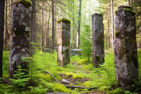 large stone pillars in a dense pine forest, created with generative aiの素材