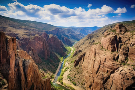 dramatic view of a rugged canyon with river below, created with generative aiの素材